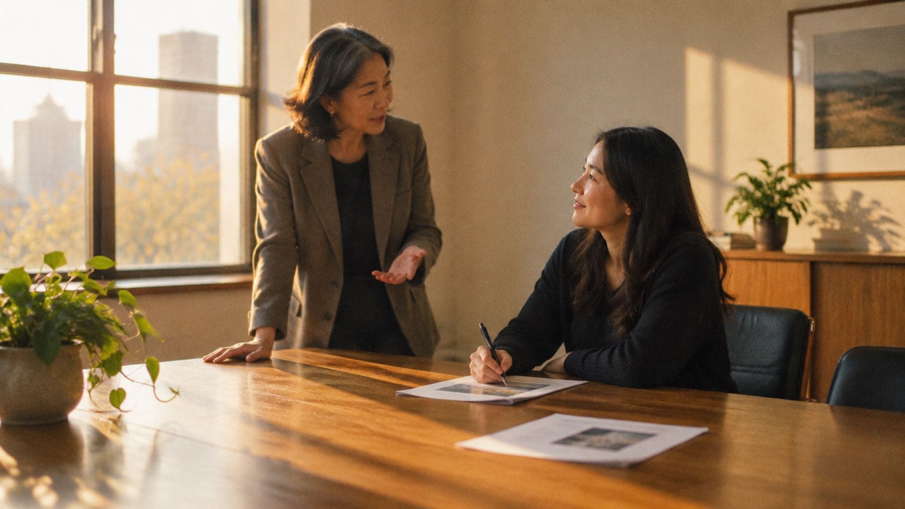 An executive mid-sentence beside a meeting-room table in late afternoon light, a colleague seated across from her making a note on a printed page.