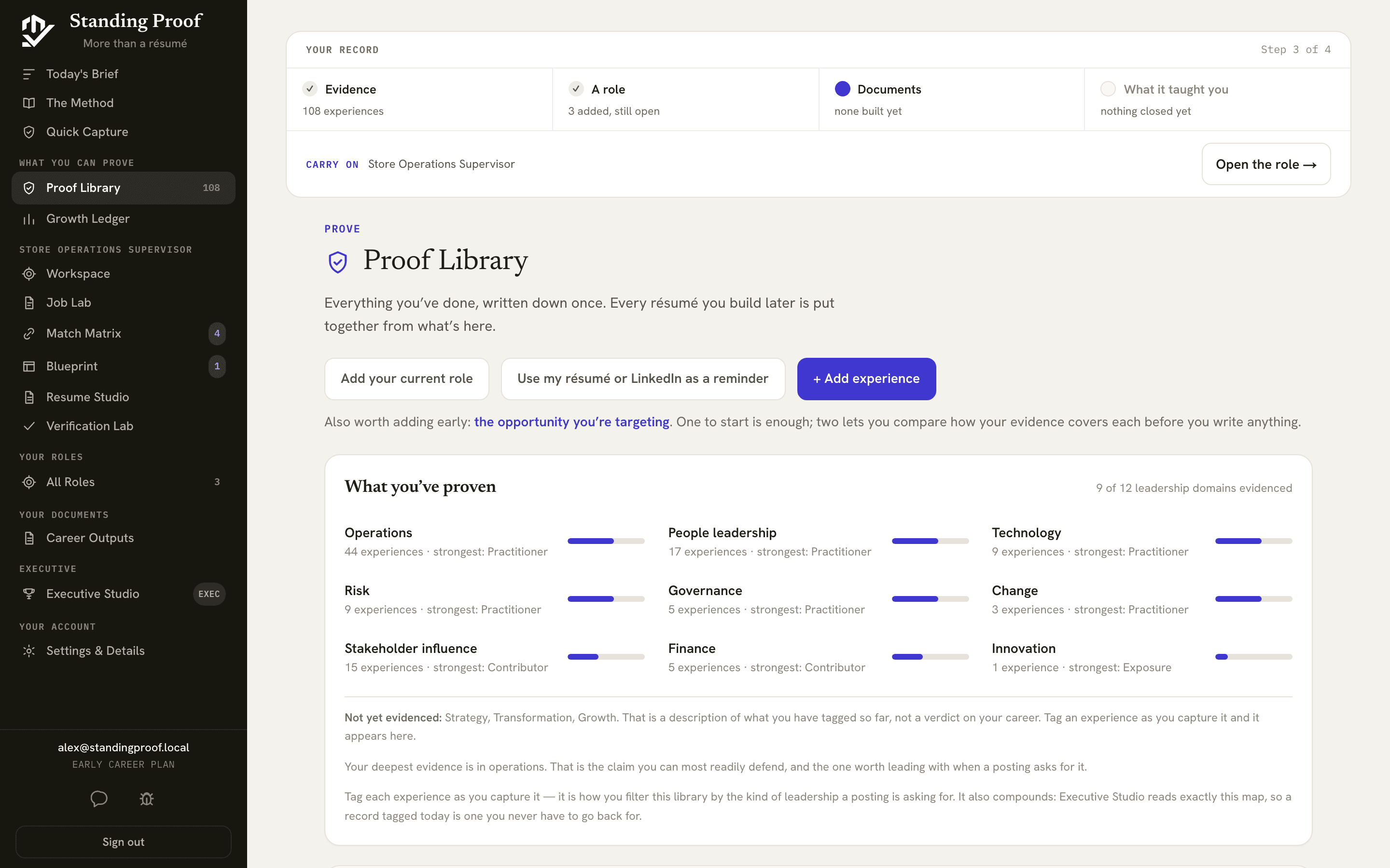 The Proof Library on an Early Career account: documented experiences, the leadership domains they cover, and the next step the product recommends.