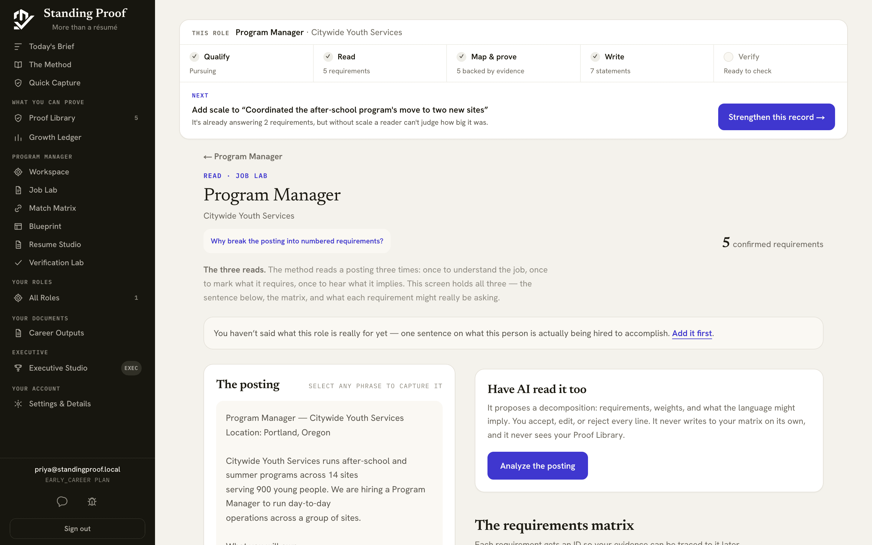 Job Lab, with the job posting on one side and the numbered requirements extracted from it on the other.
