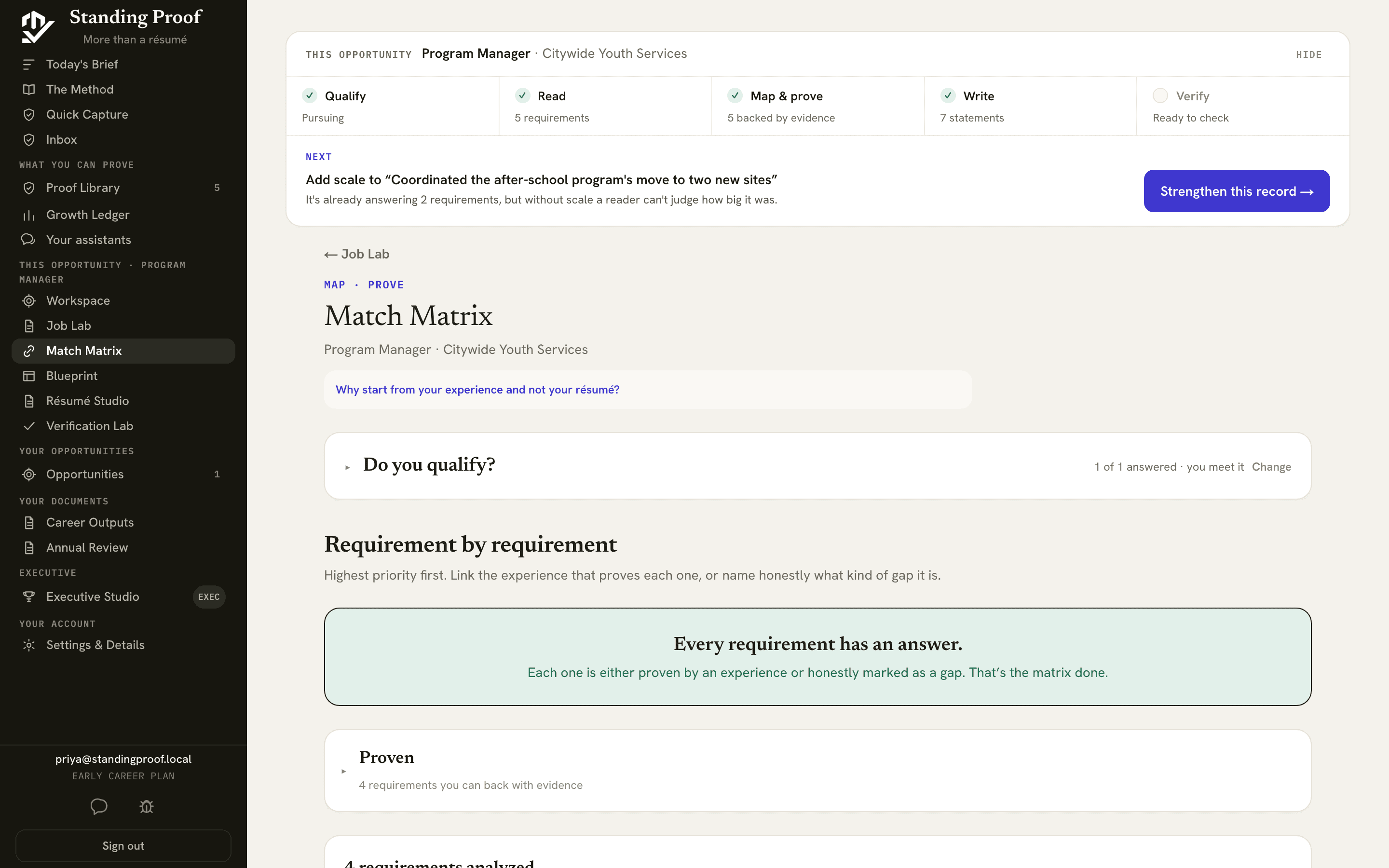 The Match Matrix, showing four requirements analyzed, each with a record linked, and a degree gate held separately.